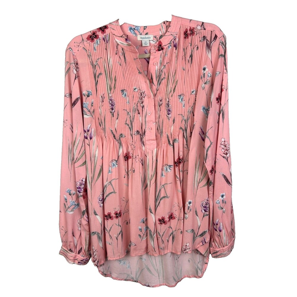 Sundance Mystic Floral Pintuck Long Sleeve Blouse Half Button Down Peach Pink XS